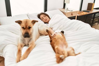 Young hispanic woman sleeping lying on bed with dogs at bedroom clipart