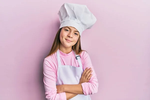 Beautiful Brunette Little Girl Wearing Professional Cook Apron Hat Happy — Stock Photo, Image