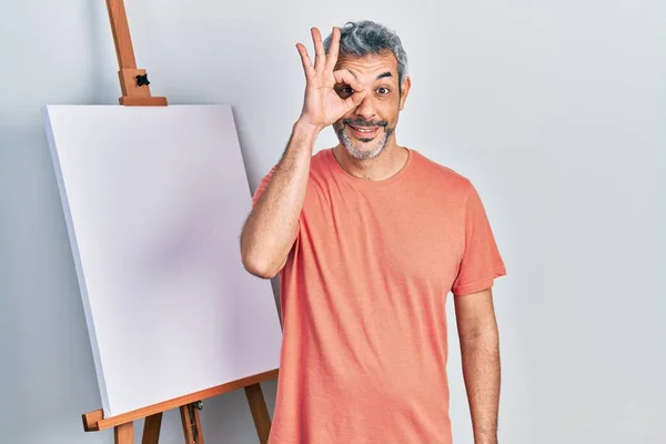 Handsome Middle Age Man Grey Hair Standing Painter Easel Stand — Stock Photo, Image