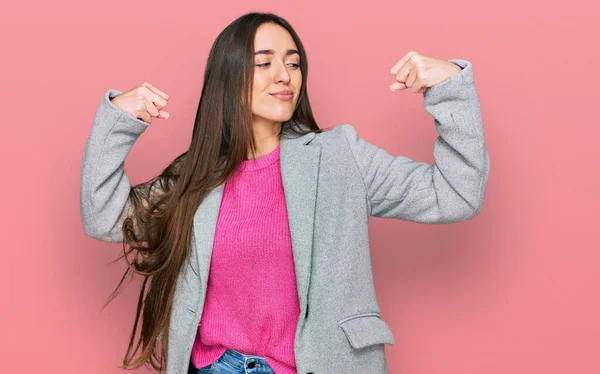 Young Hispanic Girl Wearing Business Clothes Showing Arms Muscles Smiling — Foto Stock