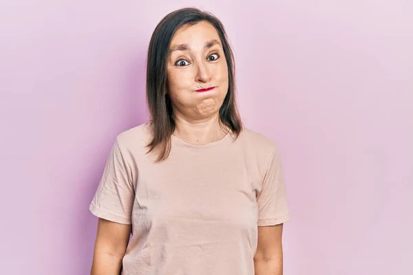 Middle Age Hispanic Woman Wearing Casual Clothes Puffing Cheeks Funny — Stock Photo, Image