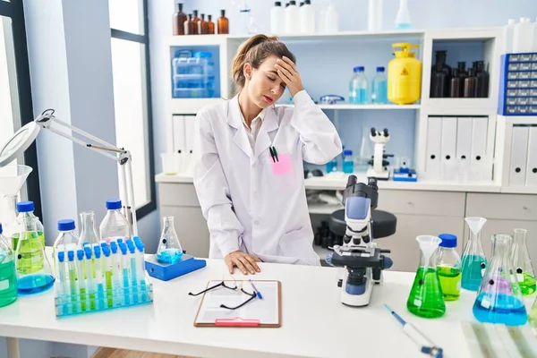 Young Woman Wearing Scientist Uniform Stressed Working Laboratory — Stockfoto