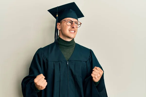 Young Caucasian Man Wearing Graduation Cap Ceremony Robe Very Happy — Stock Photo, Image