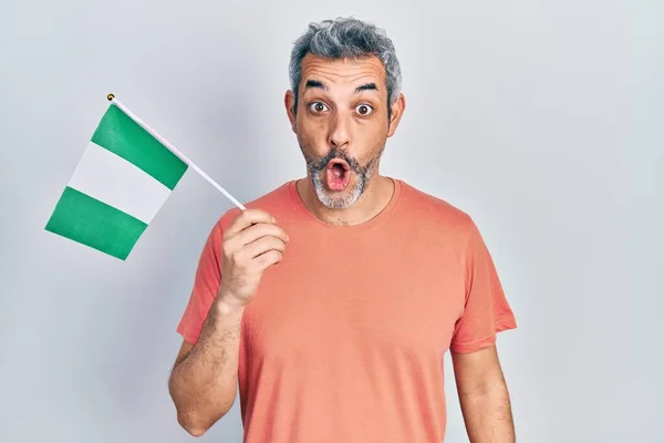 Snygg Medelålders Man Med Grått Hår Håller Nigeria Flagga Rädd — Stockfoto