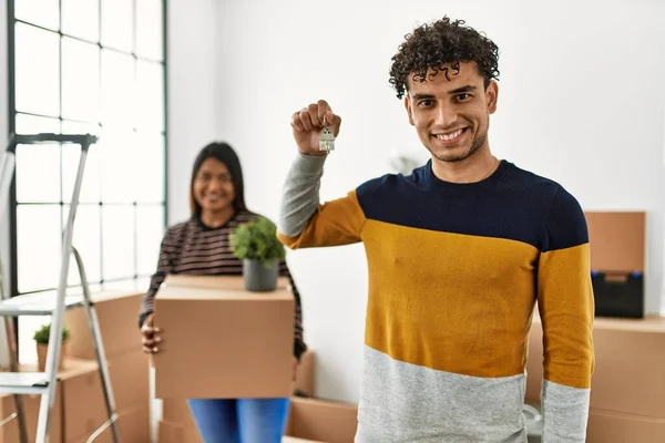 Young Latin Couple Smiling Happy Standing New Home — Stock Photo, Image