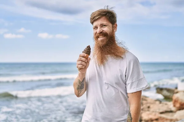 Young Redhead Man Smiling Happy Eating Ice Cream Beach — Stock Photo, Image