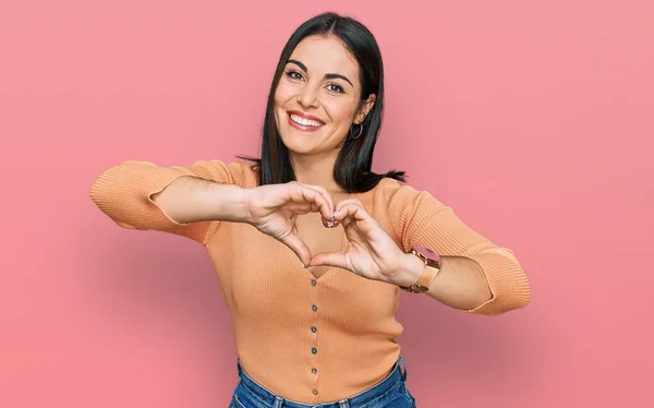 Young Hispanic Woman Wearing Casual Clothes Smiling Love Doing Heart — Stock Photo, Image