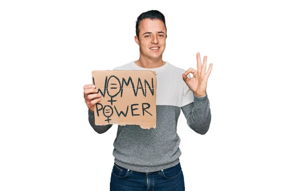 Schöner Junger Mann Mit Frauenpower Banner Der Mit Den Fingern — Stockfoto