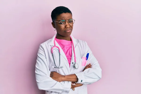 Young African American Woman Wearing Doctor Uniform Stethoscope Skeptic Nervous — Stock Photo, Image