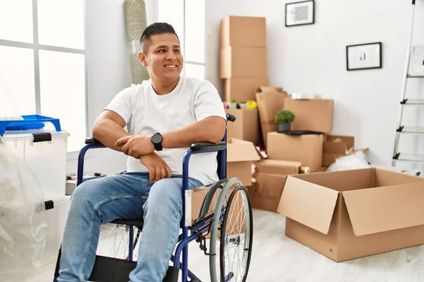 Young Hispanic Man Sitting Wheelchair New House Looking Away Side — Stock Photo, Image