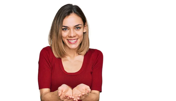 Young Blonde Girl Wearing Casual Clothes Smiling Hands Palms Together — Stock Photo, Image