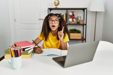 Genç Afrikalı Amerikalı ev ödevi yapıyor. Şaşırmış ve şaşırmış bir şekilde yukarı bakıyor ve parmaklarıyla işaret ediyor ve kollarını kaldırıyor.. 