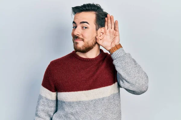 Handsome Caucasian Man Beard Wearing Casual Winter Sweater Smiling Hand — Φωτογραφία Αρχείου