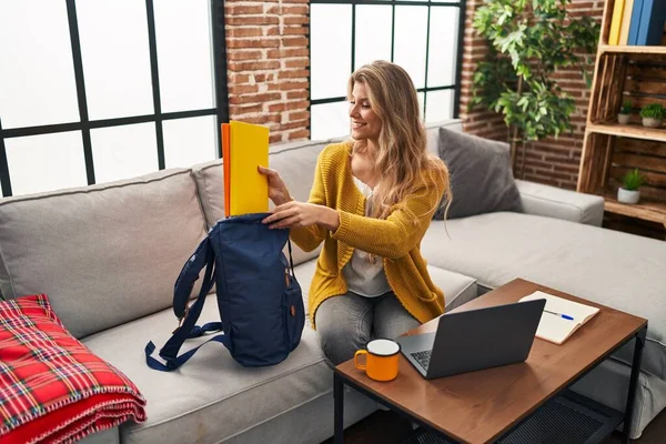 Young Blonde Woman Smiling Confident Studying Home — Stock Photo, Image