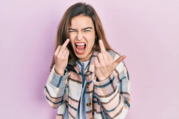 Young Caucasian Girl Wearing Casual Clothes Showing Middle Finger Doing — Fotografia de Stock