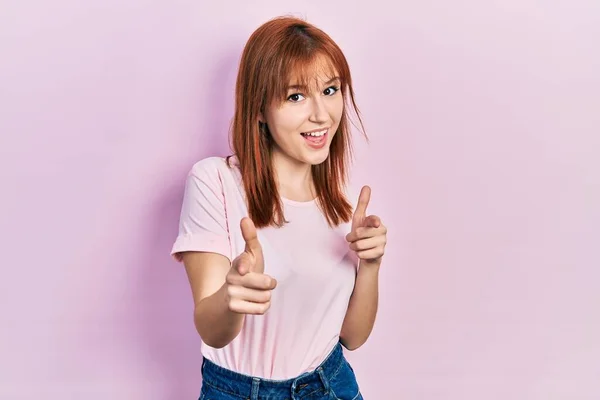 Redhead Young Woman Wearing Casual Pink Shirt Pointing Fingers Camera — Stock Photo, Image