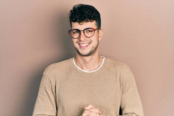 Young Hispanic Man Wearing Casual Clothes Glasses Hands Together Crossed — Stock Photo, Image