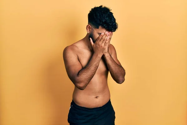 Arab Man Beard Wearing Swimwear Shirtless Sad Expression Covering Face — Stock Photo, Image