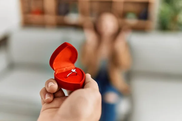 Man Surprising Woman Engagement Ring Home — Stock Photo, Image