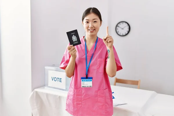 Молодая Азиатская Медсестра Выборах Держащая Канадский Паспорт Улыбаясь Идеей Вопросом — стоковое фото
