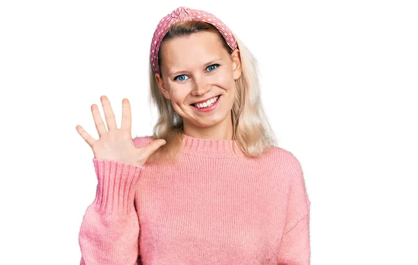 Young Caucasian Woman Wearing Casual Clothes Showing Pointing Fingers Number — Stock Photo, Image