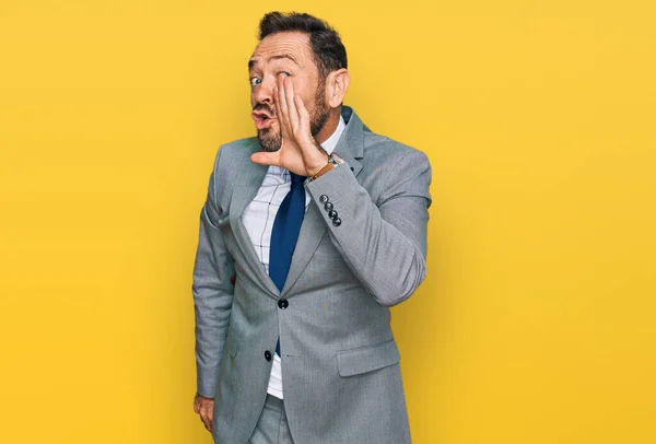 Middle Age Man Wearing Business Clothes Hand Mouth Telling Secret — Stock Photo, Image