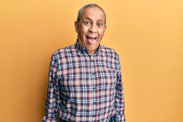 Handsome Senior Man Grey Hair Wearing Casual Shirt Sticking Tongue — Stock Photo, Image