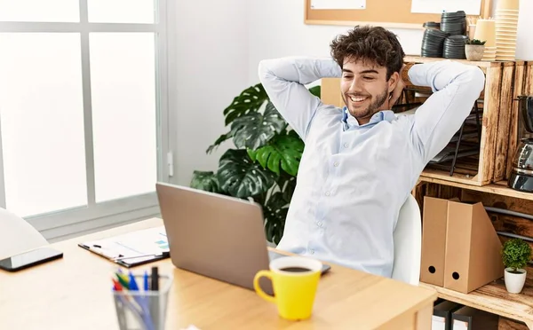Young Hispanic Businessman Relaxed Hands Head Office — Foto Stock