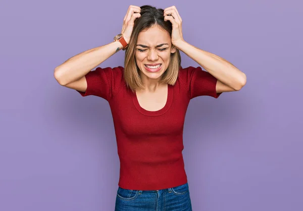 Baş Ağrısı Acı Migren Yüzünden Çaresiz Stresli Gündelik Giysiler Giyen — Stok fotoğraf