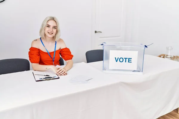 Young Caucasian Woman Political Election Sitting Ballot Looking Positive Happy — Stock Photo, Image