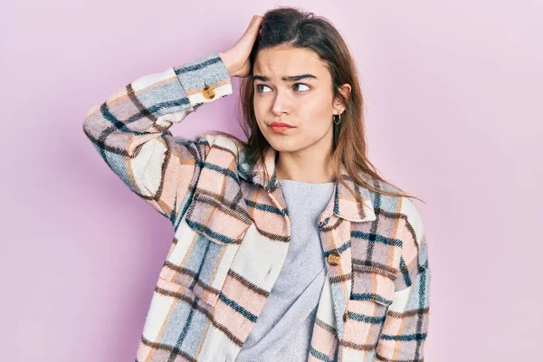 Ung Kaukasiska Flicka Bär Tillfälliga Kläder Förvirra Och Undrar Frågan — Stockfoto