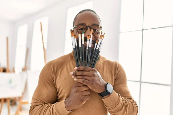 Young African American Artist Man Covering Face Paintbrushes Art Studio — Photo