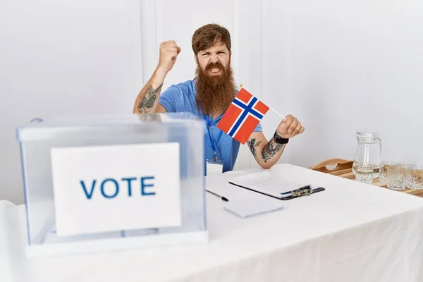 Caucasian Man Long Beard Political Campaign Election Holding Norwegian Flag — Stock Photo, Image