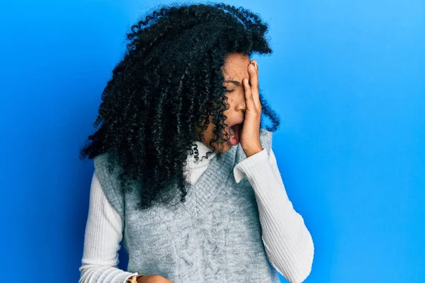 African American Woman Afro Hair Wearing Casual Winter Sweater Yawning — Stock Photo, Image