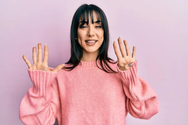 Young Brunette Woman Bangs Wearing Casual Winter Sweater Showing Pointing — Stock Photo, Image