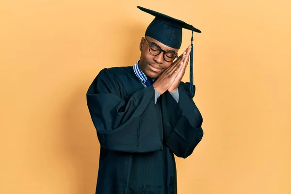 Young African American Man Wearing Graduation Cap Ceremony Robe Sleeping — Stock Photo, Image