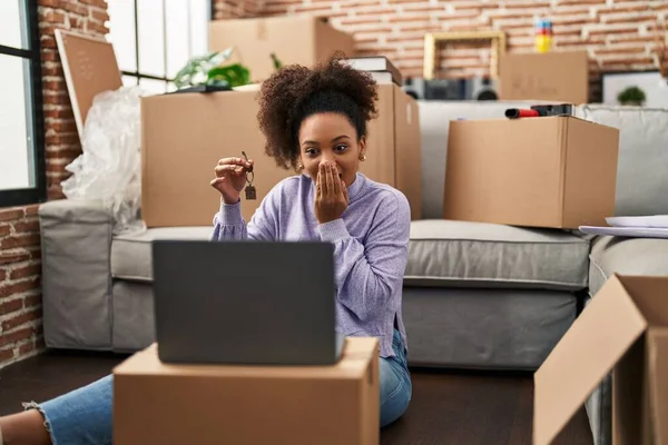 Young African American Woman Showing Keys New Home Video Call — Stockfoto