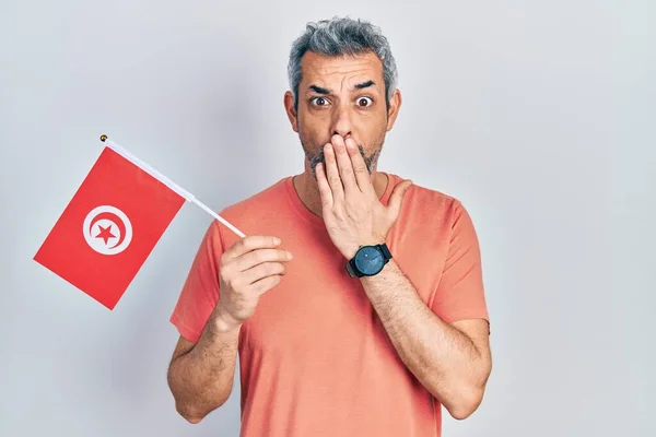 Handsome Middle Age Man Grey Hair Holding Tunisia Flag Covering — Stock Photo, Image