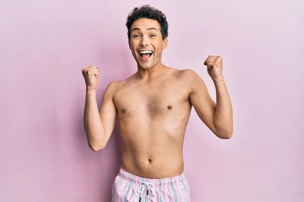 Young Handsome Man Wearing Swimwear Shirtless Celebrating Surprised Amazed Success — Stock Photo, Image