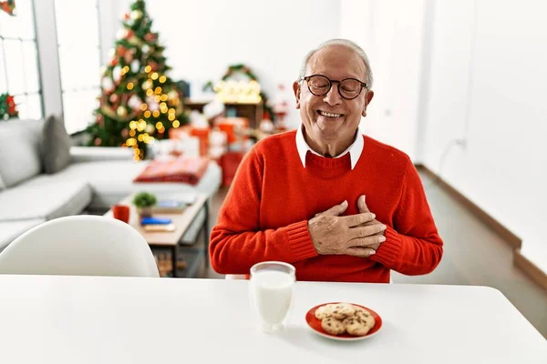 Starší Muž Šedivými Vlasy Sedí Stole Sušenkami Vánočního Stromku Usmívá — Stock fotografie
