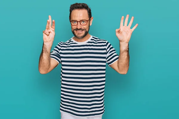 Middle Age Man Wearing Casual Clothes Glasses Showing Pointing Fingers — Stock Photo, Image