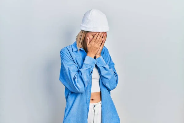 Beautiful Blonde Woman Wearing Wool Hat Sad Expression Covering Face — 스톡 사진