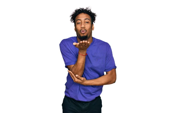 Young African American Man Beard Wearing Casual Purple Shirt Looking — Stock Photo, Image