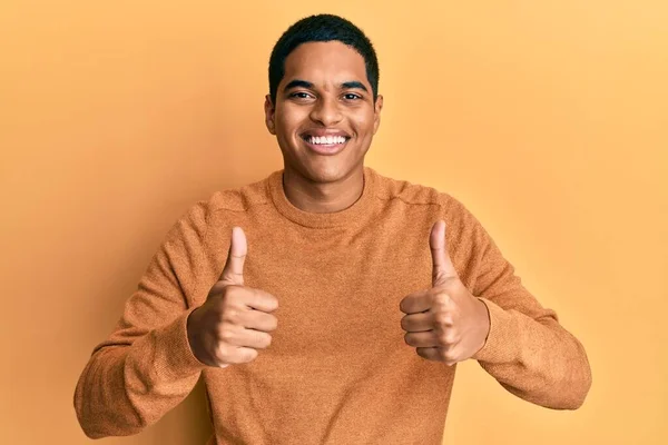 Young Handsome Hispanic Man Wearing Casual Winter Sweater Success Sign — Stock Photo, Image