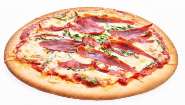  İzole edilmiş beyaz arka planda tek ve lezzetli İtalyan pizzası.