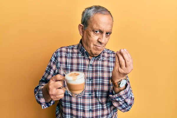 Handsome Senior Man Grey Hair Drinking Cup Coffee Doing Italian — Stock Photo, Image