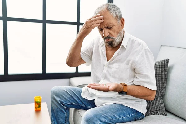 Senior Grey Haired Man Taking Pill Headache Home — Stock Photo, Image