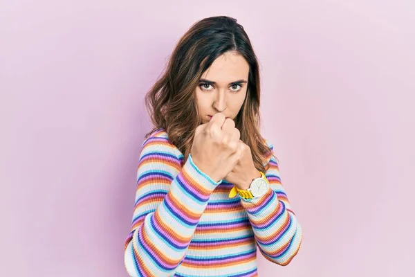 Young Hispanic Girl Wearing Casual Clothes Ready Fight Fist Defense — Stock Photo, Image