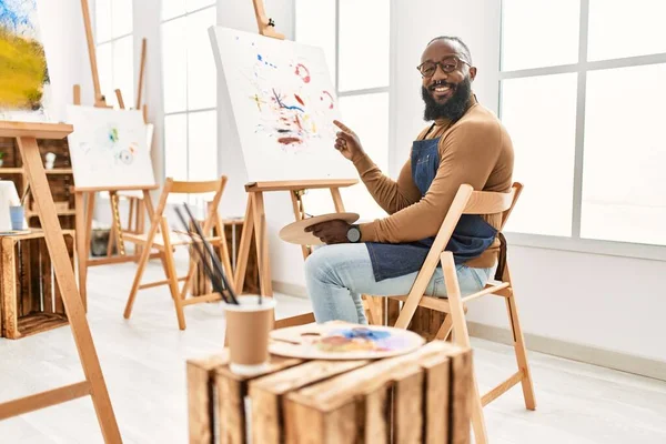 African American Artist Man Painting Canvas Art Studio Smiling Happy — Stock Fotó