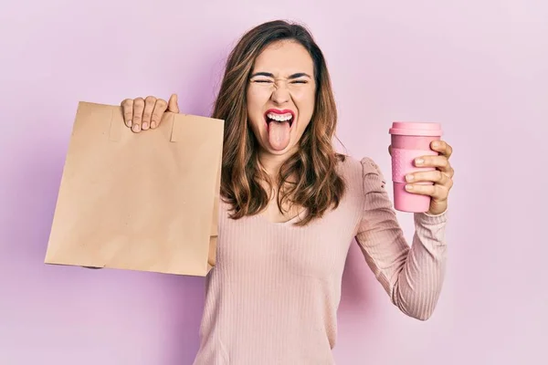 Young Hispanic Girl Holding Take Away Paper Bag Coffee Sticking — Fotografia de Stock